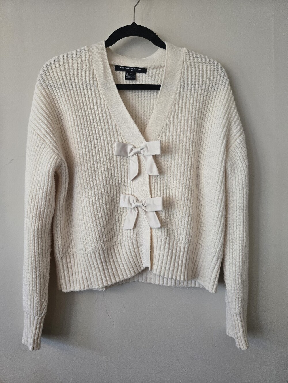 French Connection White Cream Kitty Satin Bow Chunky Knit Cardigan [Medium] Cozy